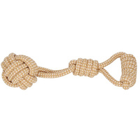 Hundespielzeug aus Baumwolle Knoten-Ball am Seil mit Handschlaufe 32 cm lang hellbraun
