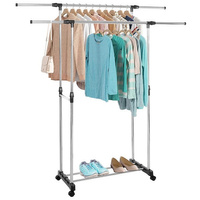 Portant à vêtements avec 2 barres et une étagère sur roulettes 90-155 cm