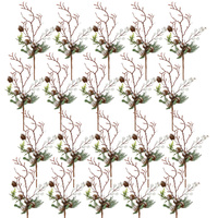 20 branches artificiels de cyprès avec baies blanches et pommes de pin de 15 cm