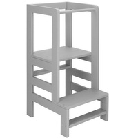 Tour d'apprentissage Aide de cuisine pour tout-petits Chaise haute en bois massif avec plateforme à 3 niveaux gris