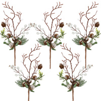 5 branches de cyprès artificiels avec baies d'oiseaux blancs et pommes de pin de 15 cm