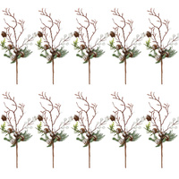 10 branches artificiels de cyprès avec des baies d'oiseaux blancs et des cônes de pin 15 cm