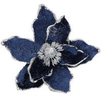 Fleur artificielle de magnolia avec tige et clip 20 cm bleu foncé avec paillettes