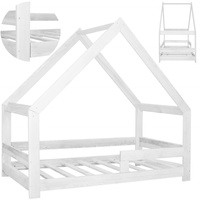 Lit enfant en forme de maison avec sommier, toit et barrière de sécurité 80 x 160 cm en pin