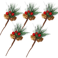 Branches décoratives artificielles avec baies rouges et pommes de pin 20 cm 5 pièces