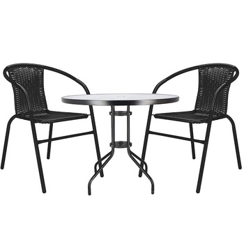 Gartengarnitur Tisch mit Schirmloch Glasplatte 2 PE-Rattan Stühle