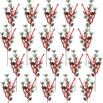 20 Pièces de Branches de Sapin Artificielles Baies de Sable Pommes de Pin Neige Artificielle 58 cm