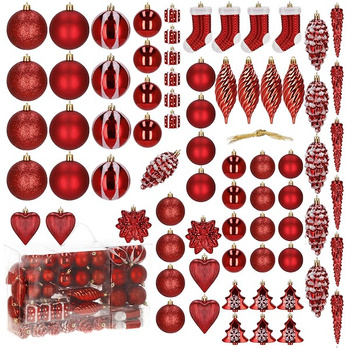 Boules de Noël rouges avec motifs d'hiver en plastique 72 pièces