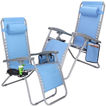 Liegestühle mit Kopfstütze Fußableger Beistelltisch Hängetasche 2 Stück blau