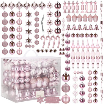 Boules de Noël 155 pièces. Ornements Boules en plastique doux rose