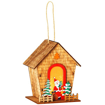 Holz-Weihnachtsbaumanhänger Haus mit Weihnachtsmann beleuchtet 9,5 x 12,5 cm