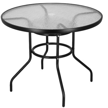 Bistrotisch runder Gartentisch Glasplatte mit Schirmloch schwarz