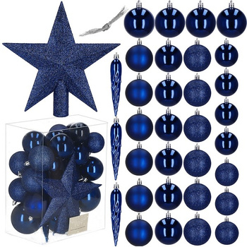 Ensemble de 33 boules de Noël en plastique de différentes tailles bleu foncé