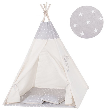 Tipi, Tente pour enfants, gris, avec étoiles, coussins et tapis de sol