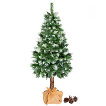 Sapin de Noël 160 cm Pin Diamant avec Tronc Naturel avec Neige Artificielle Pommes de Pin Naturelles incl. Support