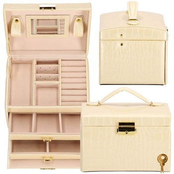 Boîte à bijoux, valise avec poignée, similicuir gaufré, beige