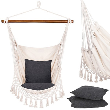 Hanging chair with fringes, 2 cushions, spreader bar, cream