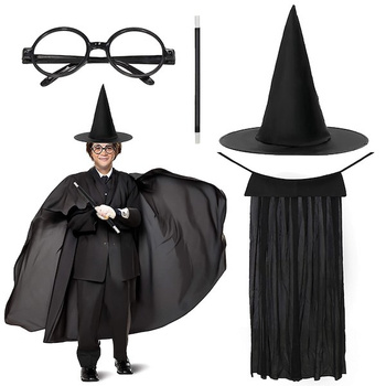 Costume de sorcier Halloween avec cape baguette lunettes chapeau de sorcier