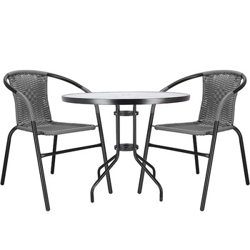 Gartengarnitur Tisch mit Schirmloch Glasplatte 2 PE-Rattan Stühle
