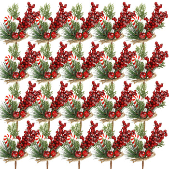 Branches décoratifs avec baies d'oiseaux, pommes et sequins de bâton de sucre 25 cm 20 pièces