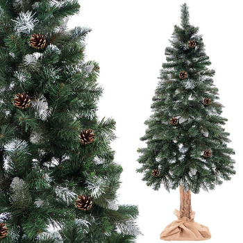 Sapin de Noël artificiel 180 cm Pin Diamant avec tronc naturel, neige artificielle et véritables pommes de pin