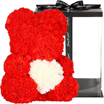 Teddybär aus Rosen mit Herz Rosenbär in Geschenkbox Kunstblumenfigur 36 cm