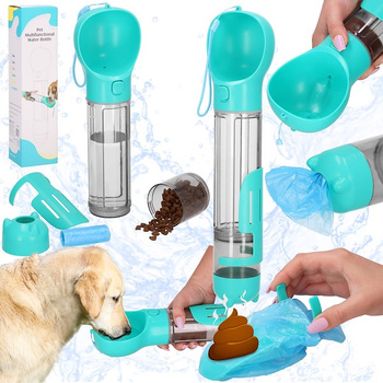 Bouteille d'eau multifonctionnelle pour chiens 500 ml Conteneur pour nourriture et friandises Pelle incluse Sac à déjections