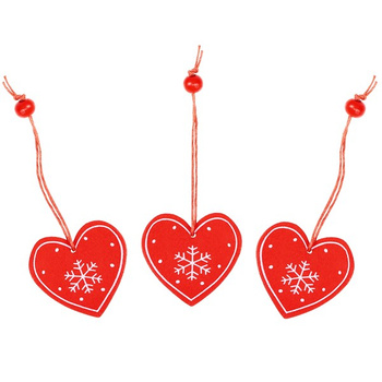 Ornament de sapin de Noël 5 cm en bois, suspendu en forme de cœur, ensemble de 3 pièces.