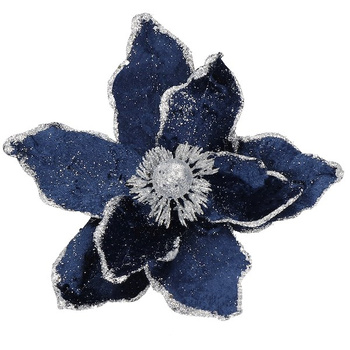 Fleur artificielle de magnolia avec tige et clip 20 cm bleu foncé avec paillettes