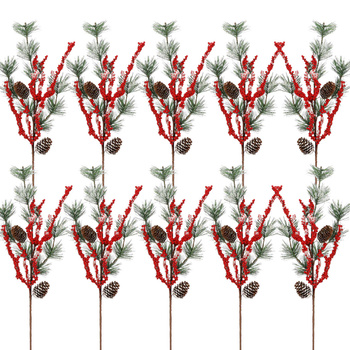 10 Pièces de Branches de Sapin Artificielles Baies de Sable Pommes de Pin Neige Artificielle 58 cm