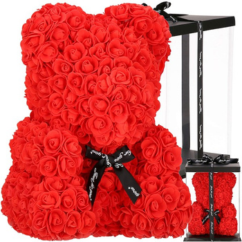 Ours en roses figurine de fleurs artificielles Hauteur 36 cm, rouge