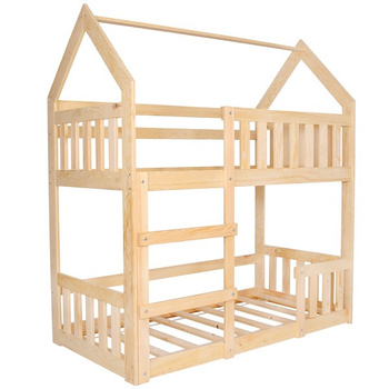 Lit enfant superposé 80 x 160 cm avec sommier et barrière de sécurité en forme de maison en bois de pin au ras du sol